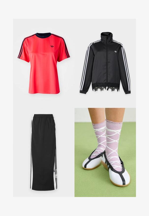 Sort Adidas træningsjakke med hvide striber på ærmerne, fuld lynlås foran, høj krave og sort blonderkant ved kanten.; Rød sports t-shirt med korte ærmer, der har lodrette striber, en marineblå rund hals og et lille sort logo på forsiden.; Sort lang atletisk nederdel med hvide sidepaneler og sorte striber, elastisk taljebånd og Adidas-logo i patch nær nederste kant.; Ben iført ribbet lilla sokker med hvide krydsede stropper kombineret med hvide balletsko med sort kant på grøn gulv.