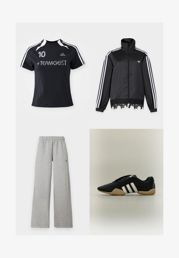 Must Adidas jooksujakk valgete triipudega varrukaotstes, esiküljel täispikk tõmblukk, kõrge krae ja must pitsääris allääres.; Must must sleevesega jersy, millel on valged triibud, esiküljel on broderitud number "10" ja "+ TEAMGEIST". Valmistatud pehmest ja hingavast materjalist.; Heledat hallid laiapõhjalised dressipüksid elastse vöökohaga ja väikese musta Adidas logo paremal reiel.; Must spordijalats valgete triipude ja beežika tekstuuriga tallaga neutraalsel taustal, nähtud külgprofiilis.