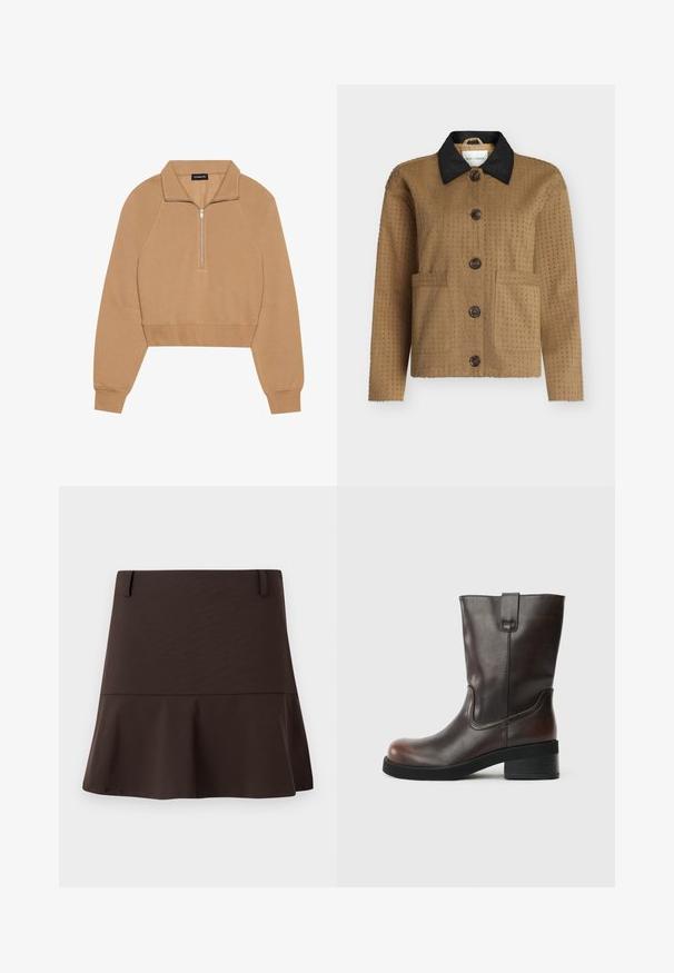 Braune, strukturierte, knöpfbare Jacke mit schwarzem Kragen, langen Ärmeln und zwei aufgesetzten Fronttaschen auf weißem Hintergrund.; Even&Odd Sweatshirt - tan; Brauner ausgestellter Minirock aus glattem Stoff, mit tailliertem Bund und dezenten Nahtdetails. Schlichtes Design ohne Muster.; Braune Leder-Ankle-Boots mit runder Zehenform, mittelhohem Blockabsatz und dezenten Steppdetails. Verfügt über eine seitliche Zuglasche für ein einfaches An- und Ausziehen.