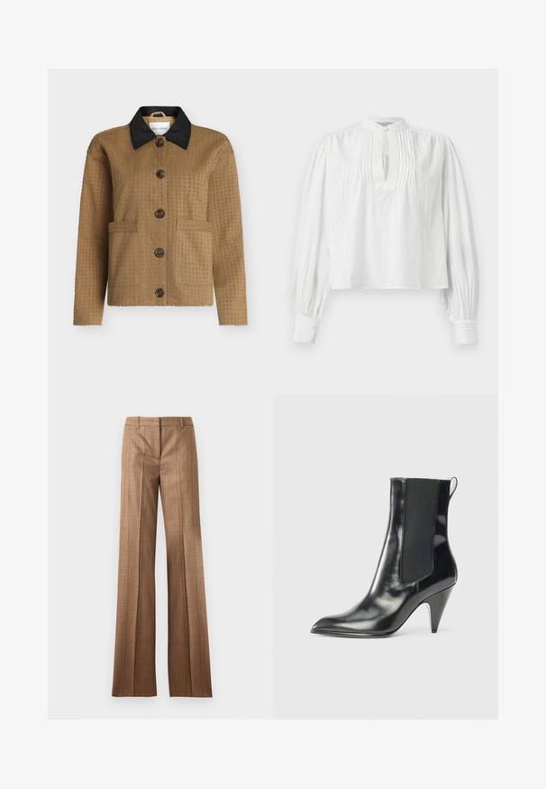 Braune, strukturierte, knöpfbare Jacke mit schwarzem Kragen, langen Ärmeln und zwei aufgesetzten Fronttaschen auf weißem Hintergrund.; Weiße Bluse mit langen Ärmeln, Biesen- und Spitzendetails, Stehkragen, Schlitz am Ausschnitt und gerafften Manschetten mit Spitzenbesatz.; Braun kariierte gerade Hosen mit Gürtelschlaufen und Vorderfalte auf einem hellgrauen Hintergrund.; Schwarze, glänzende Leder-Stiefelette mit spitzer Zehenpartie, elastischem Seitenpanel, Zuglasche hinten und mittelhohem Kegelabsatz.