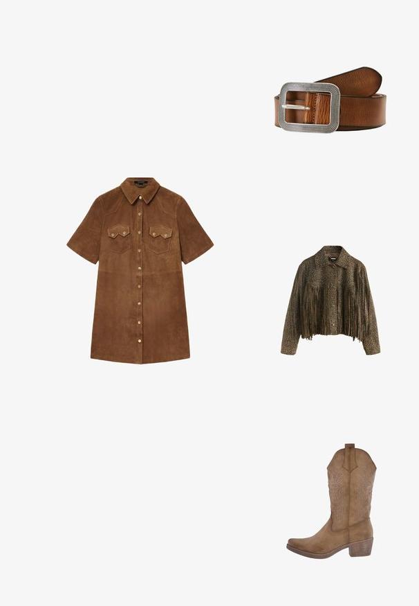 Brun kort jakke med leopardprint, knaplukning foran, nittekrave og lange frynser over brystet og ærmerne.; Brun ruskind skjortekjole med korte ærmer, klassisk krave, to brystlommer og guldtonede knaplukninger ned langs forsiden. Glat tekstur.; Brune cowboystøvler med spids tå, dekorativ syning og hævede bladmønstre. Har en mellemhøj blokhælkonstruktion og en glat tekstur.; Brun læderbælte med en rektangulær sølvfarvet spænde med et struktureret design. Remmen har en glat overflade og afrundede kanter.