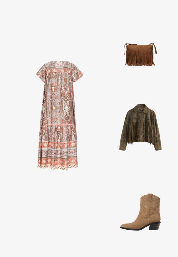 Brun kort jakke med leopardprint, knaplukning foran, nittekrave og lange frynser over brystet og ærmerne.; Maxi-kjole i let stof med et paisley-mønster i nuancer af orange, beige og brun, med et lagdelt design og korte ærmer.; Brune ruskind western ankelstøvle med spids tå, broderet design og en lav, stablet sort hæl. Har trækkroge for nem påtagning.; Brun ruskind crossbody taske med lange frynser og lynlåslukning på hvid baggrund.
