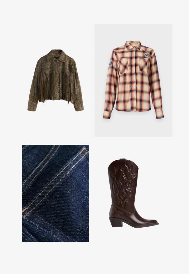 Brun kort jakke med leopardprint, knaplukning foran, nittekrave og lange frynser over brystet og ærmerne.; Langærmet ternet skjorte med orange, beige og sorte tern, to brystlommer foran, krave og mærke patches på bryst og ærme.; Mørkeblå denimstof med en glat tekstur, som har kontrasterende gyldent syning langs sømmene og lommerne, der viser et klassisk design.; Brun cowboystøvle i læder med indviklede sømme, spids snude og stablet hæl. Har en træktab i toppen for nem påtagning.