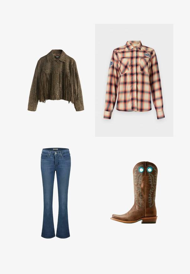 Brun kort jakke med leopardprint, knaplukning foran, nittekrave og lange frynser over brystet og ærmerne.; Langærmet ternet skjorte med orange, beige og sorte tern, to brystlommer foran, krave og mærke patches på bryst og ærme.; Blå denim flare jeans med en mid-rise talje, har stikninger, to frontlommer og en baglomme.; Brun læder cowboystøvle med turkis dekorativ syning og træk-huller nær toppen, med stakket hæl og spids tå.
