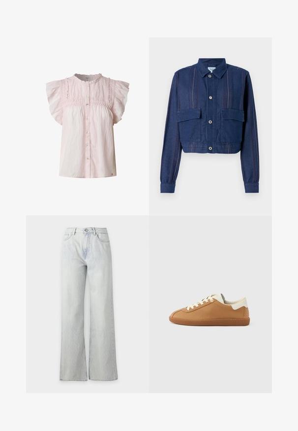 Korte denimjas in donkerblauw met verticale strepen, knoopsluiting en twee borstzakken. Gestructureerde stof met een lichte glans.; Lichtroze blouse met korte pofmouwen, smock-borstvoorkant, ronde halslijn en knoopsluiting aan de voorkant. Gemaakt van lichte stof met een zachte textuur.; Lichtblauwe wijde jeans met voorzakken, riemlussen, knoopsluiting en zichtbare stiksels op een effen achtergrond.; Bruine leren sneaker met crèmekleurige vetersluiting, een gestructureerde afwerking en een witte hielaccent met gespikte details. Rubberzool.