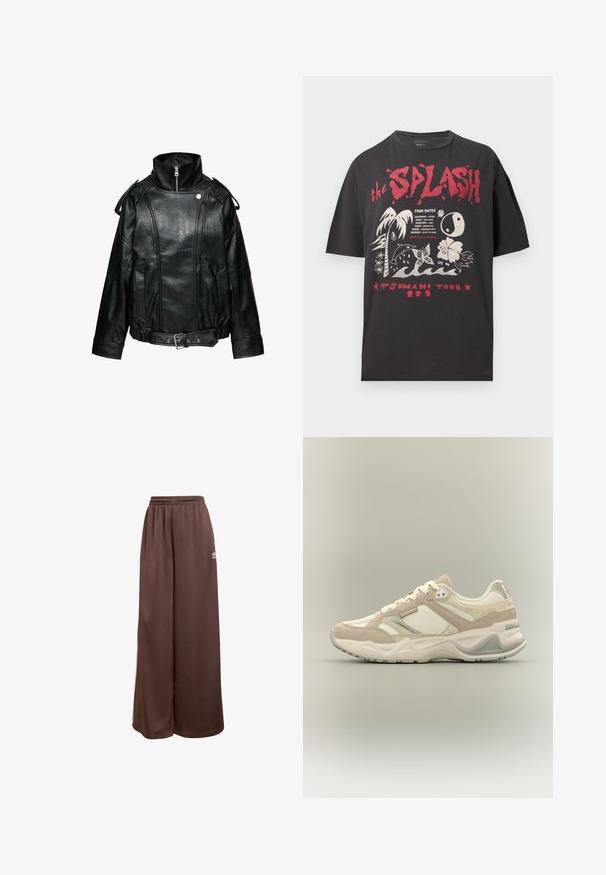 Veste en cuir noir avec fermeture éclair à col montant, pattes d'épaule, poches avant et ceinture de taille ajustable avec boucle en métal.; T-shirt noir avec texte rouge "the SPLASH" et "TSUNAMI TOUR", featuring des graphismes tropicaux blancs incluant un palmier, un dauphin, un papillon et une fleur d'hibiscus.; adidas Originals Pantalon de survêtement - auburn cream white; Baskets sportives beige et blanches avec des panneaux en mesh et en suède, des lacets blancs et une semelle épaisse et rembourrée sur un fond neutre.