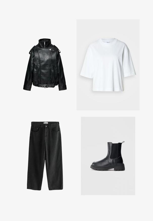 Sort læderjakke med høj krave og lynlås, skulderstropper, forlommer og justerbart taljebånd med metalspænde.; Hvid cropped t-shirt med korte ærmer, rund halsudskæring, lavet af blødt bomuldsmateriale, med et enkelt og rent design.; Sorte denim bukser med brede ben og mellemhøj talje, der har to forlommer, en knappelukning og subtile syningsdetaljer.; Sorte chelsea støvler lavet af glat læder, med elastiske sidepaneler, en tyk, robust sål, og en løkke bagpå for nem påtagning.
