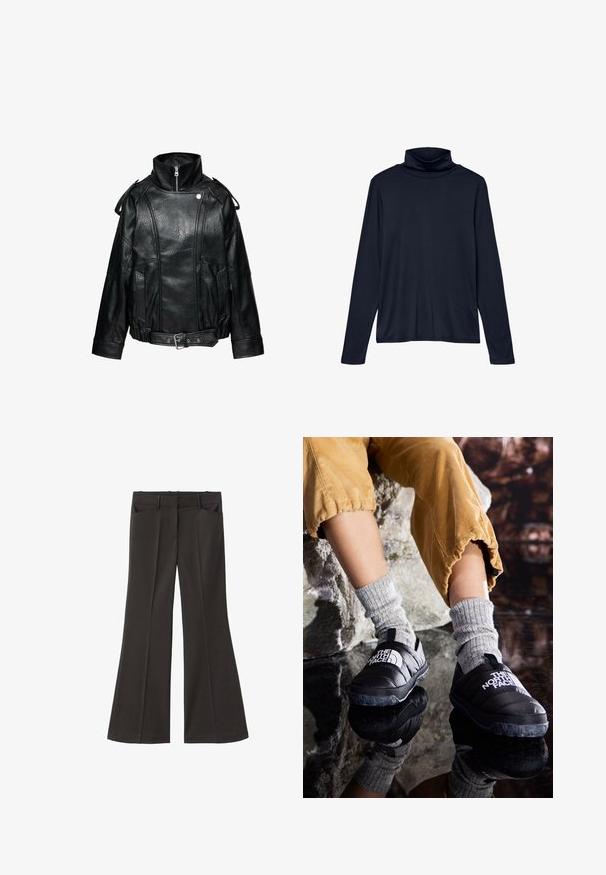 Zwarte leren jas met hoge kraag, ritssluiting, schouderbanden, voorzakken en verstelbare tailleband met metalen gesp.; Marineblauwe coltrui met lange mouwen, gemaakt van een zachte, gladde stof en een relaxed fit. Beschikt over een hoge kraag en een eenvoudig ontwerp.; Zwarte flared broek met een hoge taille; beschikt over twee voorkeurszakken en een gladde stoftextuur. Geschikt voor verschillende gelegenheden.; Zwarte geïsoleerde instapschoenen met textuurzolen en een wit logo, gedragen met grijze gebreide sokken, gecombineerd met geribbelde mosterdkleurige broek.