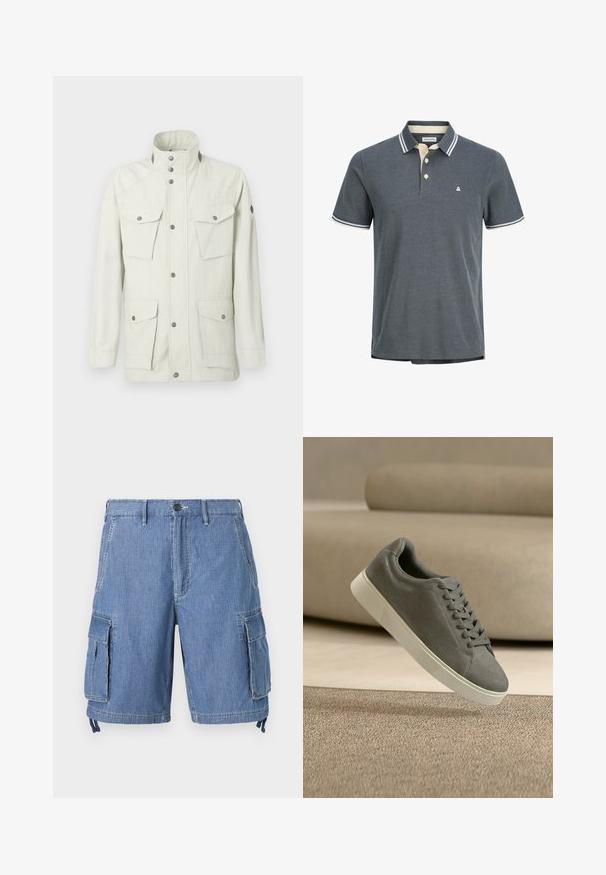 Helle beige Jacke aus strukturiertem Stoff, mit hohem Kragen, Druckknöpfen und vier vorderen Taschen mit Klappen.; Herren-Polohemd in Dunkelgrau mit strukturiertem Gewebe. Verfügt über einen cremefarbenen Kragen mit marineblauen Streifen und einer Dreiknopfleiste. Kleines Logo auf der Brust.; Blaue Jeans-Cargo-Shorts mit Knopfverschluss, zwei Fronttaschen und zwei großen seitlichen Klapptaschen. Mit verstellbaren Kordeln am Saum.; Grauer Wildledersneaker mit weißer Sohle und Schnürsenkeln, der über einem strukturierten beigen Teppich in einem neutral gehaltenen Raum schwebt.