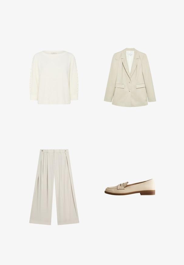 Veste blazer beige pour femmes, parfaitement taillée, avec deux boutons, des revers crantés et deux poches à rabat, présentée sur un fond blanc.; Kaffe KABETTY - Pullover - chalk cc; Pantalon beige à jambes larges avec plis sur le devant, passants de ceinture et détails à boutons à la taille, présenté sur fond blanc.; Mocassin en cuir beige avec détail de bride festonnée et petit talon en bois empilé, vue latérale sur fond blanc.