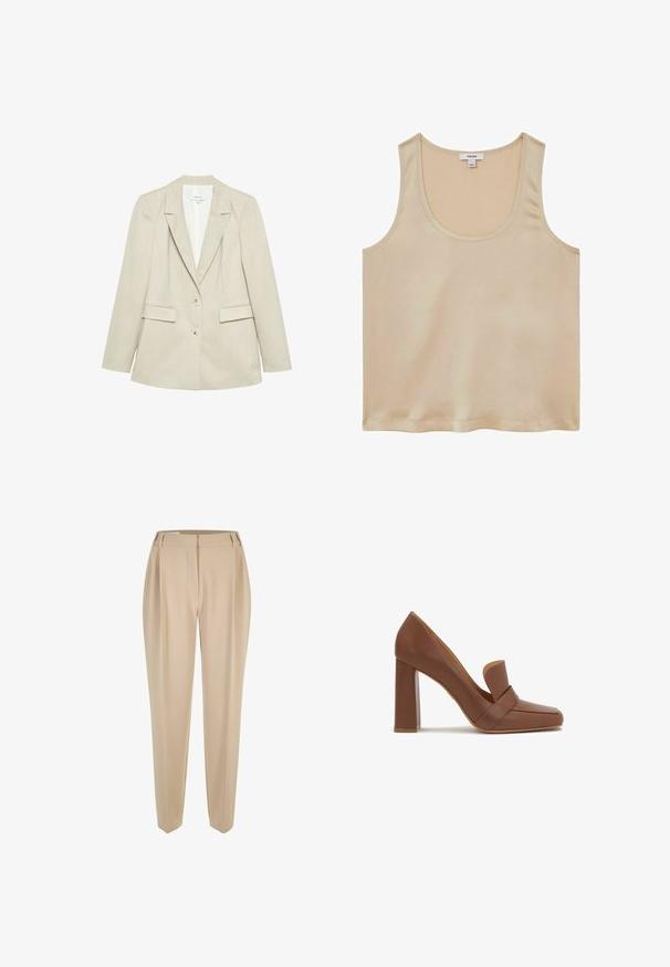 Beige Damen-Blazer mit zwei Knöpfen, Kerb-Revers und zwei Pattentaschen, auf weißem Hintergrund dargestellt.; Reiss REGULAR FIT - Bluse - neutral; Beige maßgeschneiderte Hose mit Gürtelschlaufen, geraden Beinen und verdecktem Frontverschluss, auf einem weißen Hintergrund präsentiert.; Braunes Lederhochzeitschuh mit quadratischer Spitze und einem breiten Riemen auf der Vorderseite. Der Absatz ist blockförmig und stabil.