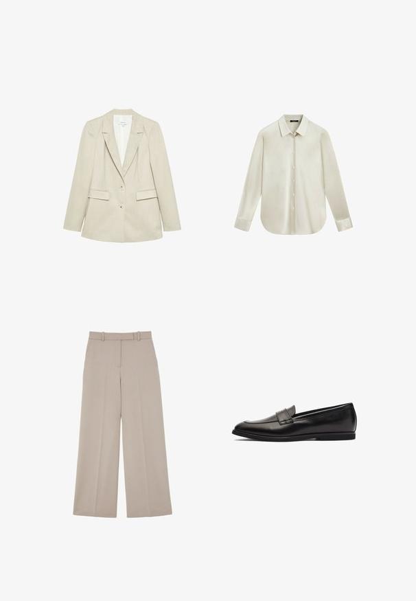 Beige damesblazer met twee knopen, inkeping revers en twee klepzakken, weergegeven op een witte achtergrond.; Crèmekleurig overhemd met lange mouwen, knoopsluiting, spitse kraag en afgeronde zoom, getoond tegen een witte achtergrond.; Beige wijdvallende, op maat gemaakte broek met verborgen voorpand sluiting en zijzakken, ontworpen voor een formele of zakelijke casual uitstraling.; Zwarte leren instapper met een gladde afwerking, ronde neus en dubbele stiksels op de bovenkant. Platte rubberen zool voor comfort.