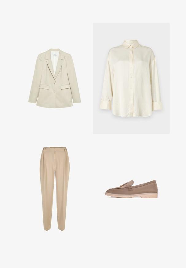 Veste blazer beige pour femmes, parfaitement taillée, avec deux boutons, des revers crantés et deux poches à rabat, présentée sur un fond blanc.; Chemise à manches longues couleur crème avec un devant à boutons, un col pointu et des manches à poignets, fabriquée en tissu lisse.; Pantalons beiges sur mesure avec passants de ceinture, jambes droites et fermeture cachée à l'avant, présentés sur fond blanc.; Mocassins en cuir brun avec une texture lisse, dotés d'une bande décorative et d'un matériel en or, reposant sur une semelle en caoutchouc beige clair.