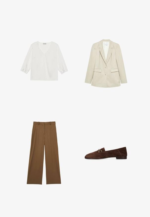 Beige damesblazer met twee knopen, inkeping revers en twee klepzakken, weergegeven op een witte achtergrond.; Witte blouse met lange mouwen, een diepe V-hals, zacht satijnachtig materiaal en gathered manchetten voor een relaxed fit.; Reiss SOLENE WIDE LEG - Broek - tan; Bruine suède loafer met lage hak en gouden metalen gespdetail op de wreef, gezien vanaf de buitenkant tegen een witte achtergrond.