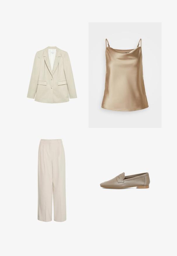 Beige damesblazer met twee knopen, inkeping revers en twee klepzakken, weergegeven op een witte achtergrond.; Satin camisole in licht beige met dunne schouderbandjes en een soepel gedrapeerde halslijn, met een gladde, glanzende textuur.; Hoge taille romige wijde broek met plooien, gemaakt van soepele stof, met een strak design en op maat gemaakte pasvorm.; Beige leren instappers met een gestructureerd oppervlak, voorzien van een platte hak en een ronde neus. Inclusief een decoratieve plooi op de bovenkant.