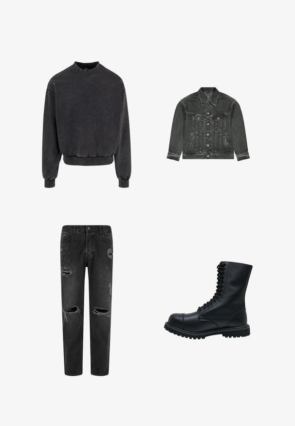 Sort denimjakke med knapper foran, to brystlommer med klap, sidelommer og krave, med synlige syninger og Lee-mærke.; Sort cropped sweatshirt med rund halsudskæring, ribbestrikkede manchetter og kant. Fremstillet af blødt materiale med et let falmet udseende.; Svarte denimjeans med en afslappet pasform, der har slidte detaljer og flere rifter. Fem-lomme design med knaplukning.; Sort læder snørebåndsstøvle med rund tå, høj skaft, tyk gummisål og struktureret overflade. Har forstærket syning langs sømmene.