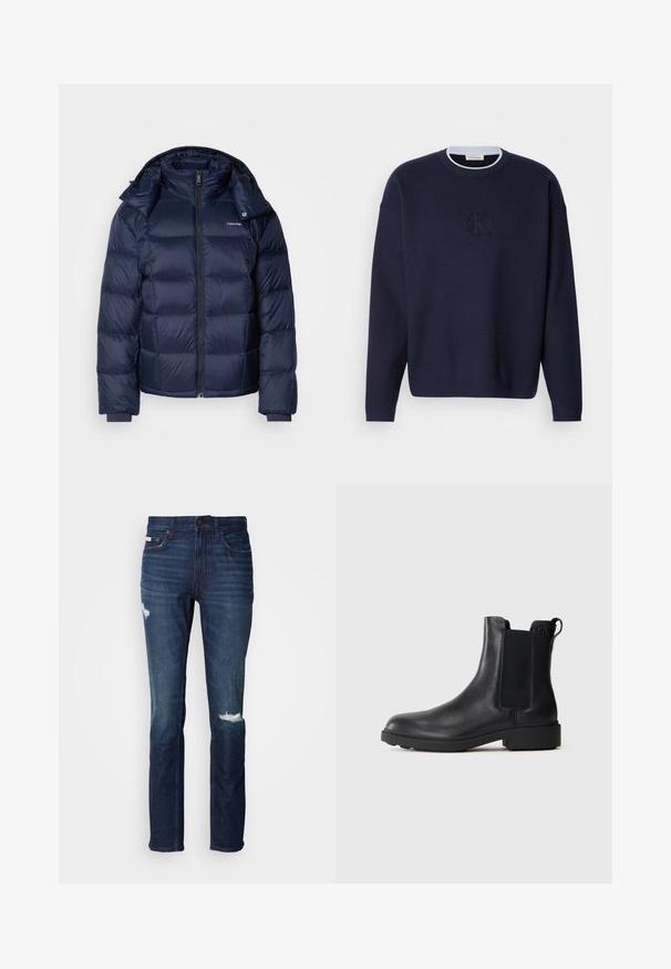 Marineblauer Steppjacke aus glänzendem, wattiertem Material. Verfügt über einen hohen Kragen, einen durchgehenden Reißverschluss und enge Bündchen für Wärme. Logo auf der Brust.; Marineblaue Strickjacke mit Rundhalsausschnitt, geripptem Kragen und dezent gesticktem "ck"-Logo auf der Vorderseite. Lange Ärmel, lockere Passform.; Dunkelblaue Denim-Jeans mit schlanker Passform, die zwei abgeriebene Stellen auf der Vorderseite, robuste Nähte und ein klassisches Fünf-Taschen-Design aufweisen.; Schwarze Leder-Stiefelette mit elastischen Seiteneinsätzen, Zugschlaufe an der Ferse und niedrigem Blockabsatz vor einem schlichten Hintergrund.