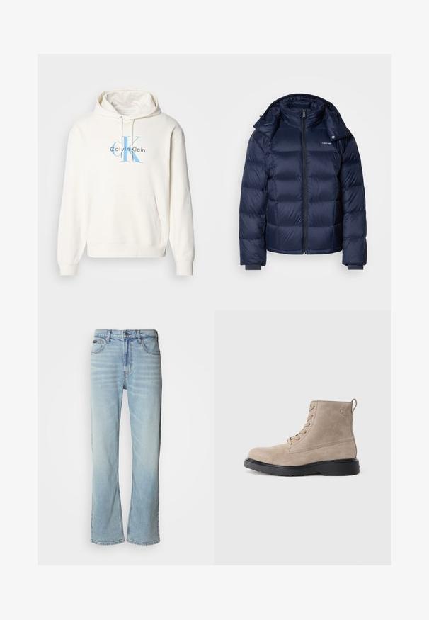Marineblauer Steppjacke aus glänzendem, wattiertem Material. Verfügt über einen hohen Kragen, einen durchgehenden Reißverschluss und enge Bündchen für Wärme. Logo auf der Brust.; Cremfarbener Hoodie mit einer vorderen Kängurutasche, verstellbarem Kapuzenzug und blauem Calvin Klein Logo auf der Brust. Weiches Baumwollmaterial.; Hellblaue Jeans aus Denim mit geradem Bein, ausgestattet mit fünf Taschen, einem Knopfverschluss und subtilen Verwaschungen im Stoff.; Beige Wildleder-Ankle Boots mit schwarzer Gummisohle, Schnürdesign und kleinem, seitlich eingeprägtem Logo, ausgestattet mit einer Zuglasche am Hinterkopf.