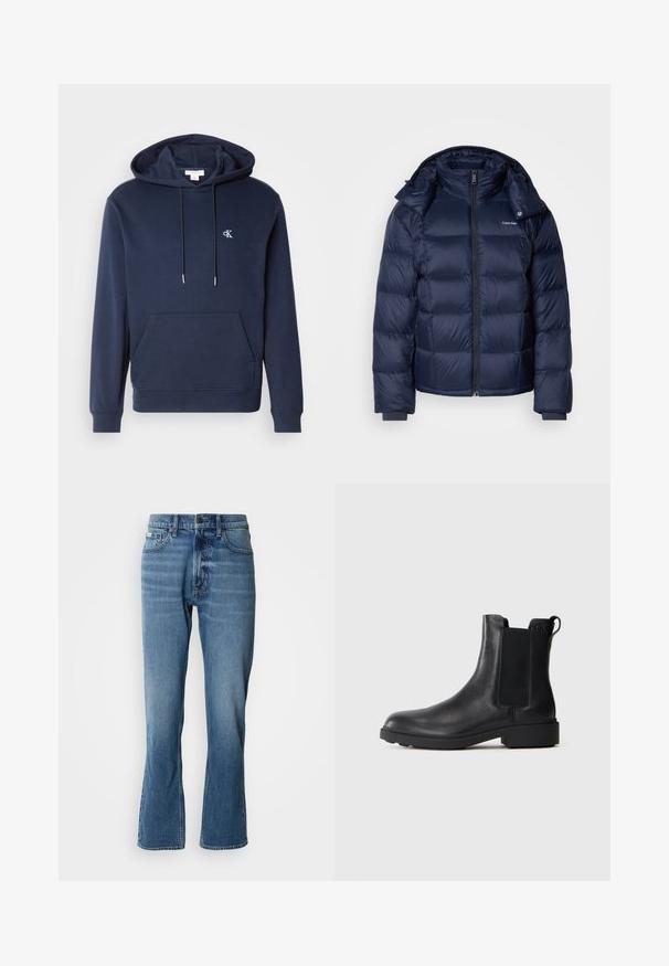 Marineblauer Steppjacke aus glänzendem, wattiertem Material. Verfügt über einen hohen Kragen, einen durchgehenden Reißverschluss und enge Bündchen für Wärme. Logo auf der Brust.; Navyfarbener Hoodie mit Kordelzugkapuze, vordertasche, gerippten Bündchen und einem kleinen weißen Logo auf der Brust. Klassisches Design.; Hellblaue Denim-Jeans mit geradem Schnitt und leicht ausgestelltem Bein. Verfügt über fünf Taschen, einen Knopfverschluss und dezente Waschungseffekte.; Schwarze Leder-Stiefelette mit elastischen Seiteneinsätzen, Zugschlaufe an der Ferse und niedrigem Blockabsatz vor einem schlichten Hintergrund.