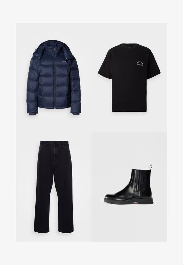Marineblauer Steppjacke aus glänzendem, wattiertem Material. Verfügt über einen hohen Kragen, einen durchgehenden Reißverschluss und enge Bündchen für Wärme. Logo auf der Brust.; Schwarzes T-Shirt mit kurzen Ärmeln und Rundhalsausschnitt, mit kleinem weißem, geschwungenem Text auf der linken Brust, der "ORIGINALS STORE DAILY BASICS" liest.; Schwarze Jeanshose mit geradem Bein, ausgestattet mit einem Knopf- und Reißverschluss, Gürtelschlaufen und minimalen Nähdetails.; Schwarze Lederstiefelette mit elastischen Seiteneinsätzen, runder Zehenpartie, niedrigem Blockabsatz und Zuglasche. Verfügt über eine glänzende Textur und ein elegantes Design.