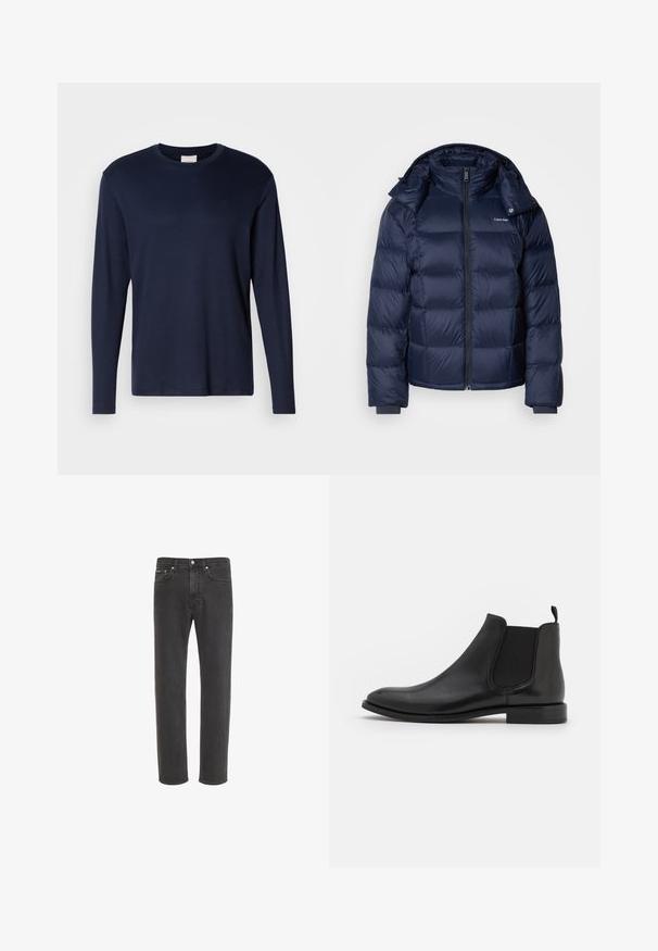 Marineblauer Steppjacke aus glänzendem, wattiertem Material. Verfügt über einen hohen Kragen, einen durchgehenden Reißverschluss und enge Bündchen für Wärme. Logo auf der Brust.; Marineblaues Langarm-T-Shirt aus weicher Baumwolle. Mit Rundhalsausschnitt und kleinem Logo auf der Brust. Glatte Textur, klassische Passform.; Schwarze Straight-Leg-Jeans aus Denim mit Knopf- und Reißverschluss vorne, Vorder- und Gesäßtaschen, auf weißem Hintergrund dargestellt.; Schwarze Leder-Chelsea-Stiefel mit elastischen seitlichen Riemen, einer abgerundeten Kappe und einem niedrigen Absatz. Glatte Textur mit minimalistischer Gestaltung.