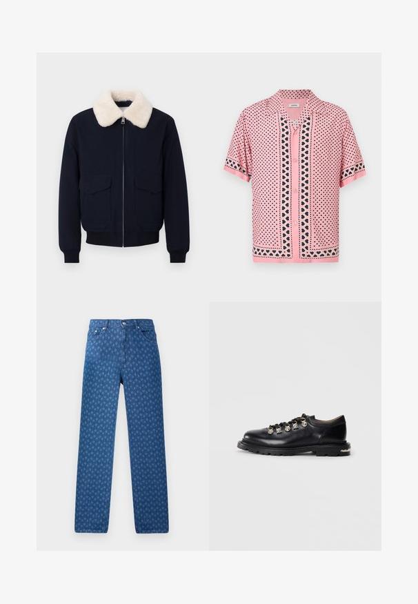 Marineblauwe bomberjas met een crème nepschapenvachtkraag; voorzien van een ritssluiting en twee voorzakken; geribbelde manchetten en zoom.; Roze kortärmelig blouse met knopen en zwarte hartpatronen in verticale en randlijnen, met een klassieke kraag en lichtgewicht stof.; Blauwe spijkerbroek met een herhalend textuurpatroon, vijf zakken en een knoopsluiting in de tailleband. Rechte pijp.; Zwarte leren lage schoen met dikke zool, metalen oogjes, decoratieve zilveren charmes aan de veters en een gestructureerde loopzool.