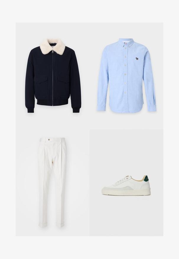 Chaqueta bomber azul marino con cuello de piel sintética en color crema; cuenta con cierre de cremallera y dos bolsillos delanteros; puños y dobladillo acanalados.; Camisa azul claro de manga larga con botones, cuello abotonado y pequeño logo bordado en colores en el pecho izquierdo.; Pantalones blancos, ajustados, con un frente plano, dos pliegues y puños enrollados. Hechos de una tela suave con un cierre de botón en la cintura.; Zapatilla blanca con acentos de ante, puntera redondeada, cordones planos y suela de goma color crema. Presenta un logo verde en el talón.