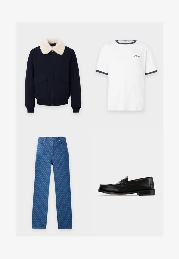 Marineblauwe bomberjas met een crème nepschapenvachtkraag; voorzien van een ritssluiting en twee voorzakken; geribbelde manchetten en zoom.; Wit T-shirt met korte mouwen van katoen, met een marineblauwe geribbelde boord bij de hals en mouwen, en een klein zwart geborduurd logo op de borst.; Blauwe spijkerbroek met een herhalend textuurpatroon, vijf zakken en een knoopsluiting in de tailleband. Rechte pijp.; Zwarte leren herenloafer met een lage hak en mocassinstiksels op de teen, zijaanzicht op een effen achtergrond.