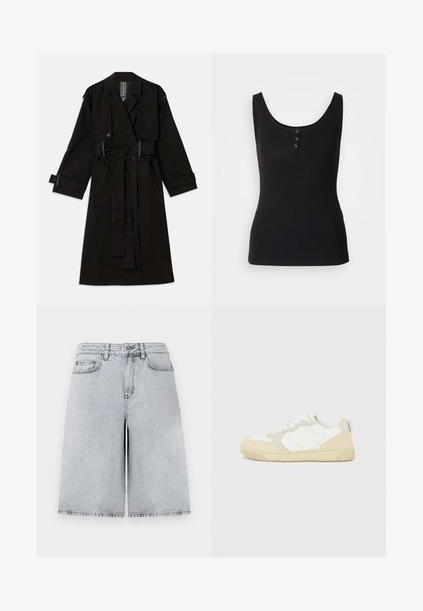 Zwarte trenchcoat van middelzwaar materiaal, met een dubbele rij knopen, ceintuur in de taille en grote voorzakken.; Zwarte tanktop van ribbelstof, met een ronde hals en drie metalen drukknoopjes aan de voorkant. Glad textuur, aansluitende pasvorm.; Lichtgrijze denim shorts met een ontspannen pasvorm, met een hoge taille, vijf zakken en een rechte snit. Strakke, minimalistische stikdetails.; Witte en beige sneaker met een bovenwerk van suède en textiel, voorzien van contrasterende stiksels, een rubberen zool en een lichtblauwe accenten op de hiel.
