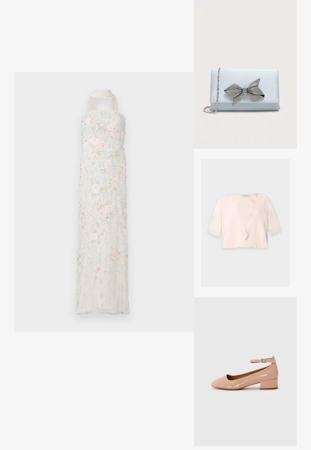 Blouse courte rose clair avec manches trois quarts et un design devant ouvert et ample sur un fond uni.; Robe longue beige avec un motif floral brodé en rose et bleu. Comprend un col halter et un délicat détail volanté au niveau de l'encolure.; Chaussure plate en cuir verni rose avec un bout arrondi, une bride à la cheville et un petit talon carré. Texture lisse et design minimaliste.; Pochette en satin bleu clair avec une chaîne en argent et un grand nœud en strass sur le rabat avant.