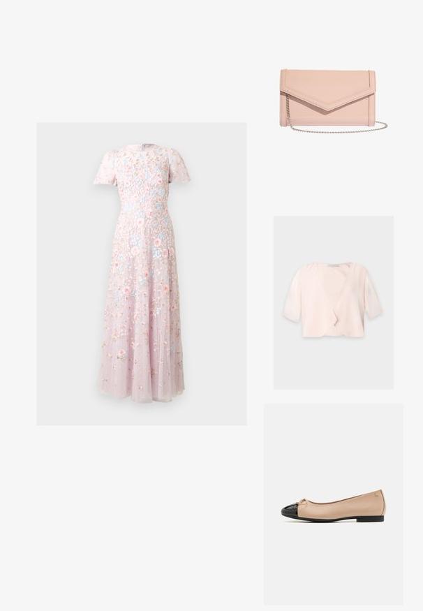Hellrosa kurz geschnittene Bluse mit halblangen Ärmeln und lockerem, offenem Frontdesign auf einfarbigem Hintergrund.; Pastellrosa bodenlanges Kleid mit kurzen Ärmeln, verziert mit aufwändiger mehrfarbiger Blumenstickerei und zartem transparentem Stoffüberzug.; Balletschuhe mit einem beigefarbenen Satin-Obermaterial, einer schwarzen Lackleder-Zehenkappe, einer kleinen Schleifenverzierung an der Vorderseite und einem niedrigen schwarzen Absatz.; Blush pinke Leder-Envelope-Clutch mit silberner Kettenriemen und sauberen Nähdetails auf weißem Hintergrund.