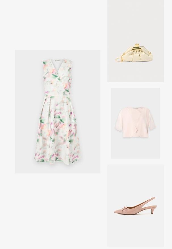 Blouse courte rose clair avec manches trois quarts et un design devant ouvert et ample sur un fond uni.; Robe midi blanche sans manches avec imprimé floral aquarelle pastel, corsage cache-cœur en V, taille cintrée et jupe plissée.; Escarpins à talon slingback en cuir verni rose pâle avec un bout pointu, un détail en nœud à l'avant, et un petit talon. Texture lisse avec une finition brillante.; Pochette couleur crème en matière douce, dotée d'un fermoir doré et d'une bandoulière chaîne, avec un design froncé sur le corps.
