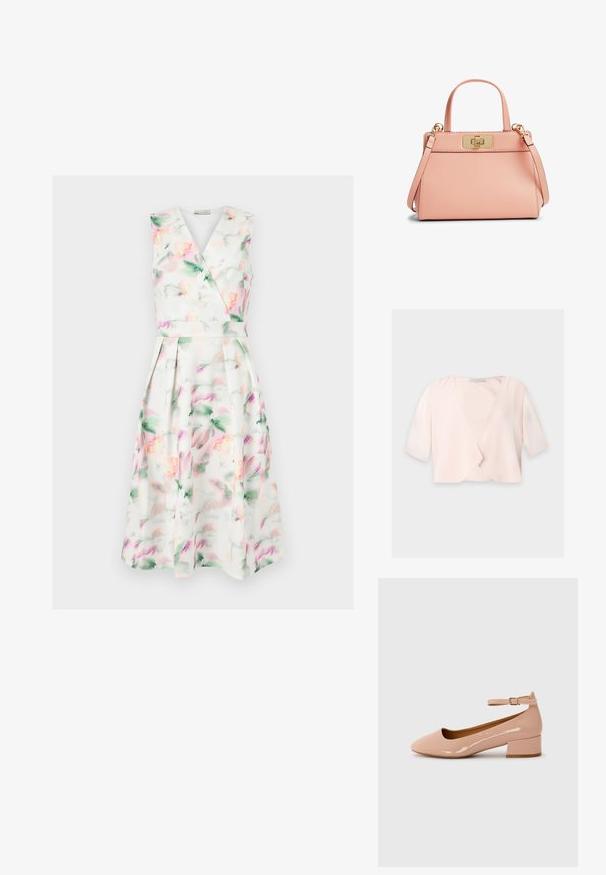 Lichtroze cropped blouse met halflange mouwen en een losse, open voorkant op een effen achtergrond.; Mouwloze witte midi-jurk met pastel aquarel bloemenprint, V-hals wikkelbodysuit, getailleerde taille en geplooide rok.; Patentleren roze ballerina met een ronde punt, enkelbandje en een lage blokhak. Gladde textuur en minimalistisch ontwerp.; Kleine rozenroze leren handtas met gouden rechthoekige draai-sluiting, korte handvatten en afneembare schouderriem.