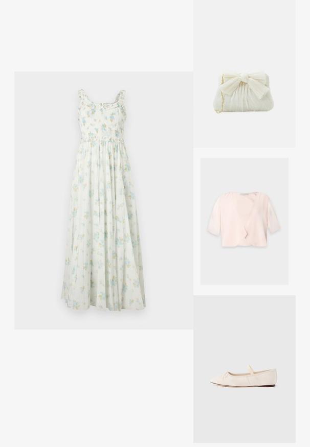 Blouse courte rose clair avec manches trois quarts et un design devant ouvert et ample sur un fond uni.; Robe maxi blanche sans manches avec corsage smocké, bretelles à volants et imprimé floral bleu et jaune.; Ballerines en daim beige clair, bout pointu et fine bride élastique sur le dessus. Semelle plate avec un léger accent en caoutchouc.; Sac à main plissé blanc avec un nœud proéminent et une chaîne dorée. Texture douce avec un design froncé à l'avant.