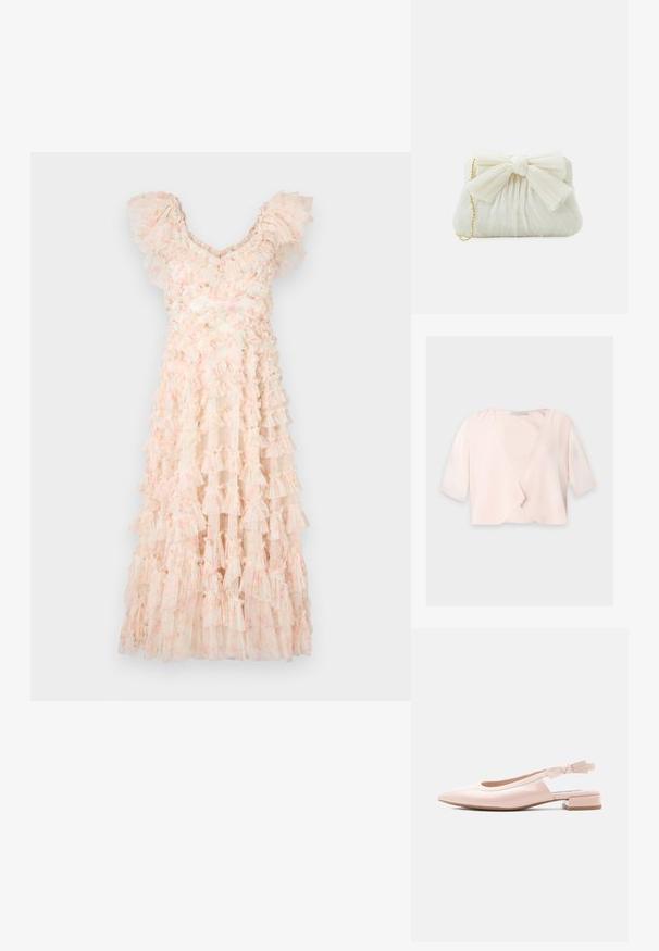 Svetloružová krátka blúzka s polovičnými rukávmi a voľným, otvoreným predným dizajnom na jednofarebnom pozadí.; Needle & Thread DITSY LOLA BACKLESS BALLERINA DRESS - Koktailové šaty/večierkové šaty - moonshine pink; Lesklá bledoružová balerína so zapínaním za pätu, nízkym hrubým podpätkom a nastaviteľným pásikom s logom na svetlom pozadí.; Biela skládacia kabelka s výrazným detailom mašle a zlatým reťazovým popruhom. Mäkká textúra s nariaseným dizajnom na prednej strane.