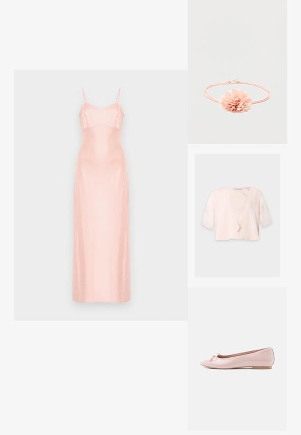Blusa corta de color rosa claro con mangas hasta el codo y un diseño delantero suelto y abierto sobre un fondo liso.; Vestido largo de satén rosa pálido con finos tirantes de espagueti y corpiño ajustado, mostrado sobre un fondo blanco liso.; Zapato plano tipo ballet de charol rosa con punta puntiaguda y detalle de lazo decorativo en la parte frontal. Cuenta con suela plana y diseño sin costuras.; Cinta elástica para el cabello de color rosa con una suave flor de tela con pétalos en capas en el centro sobre un fondo blanco.