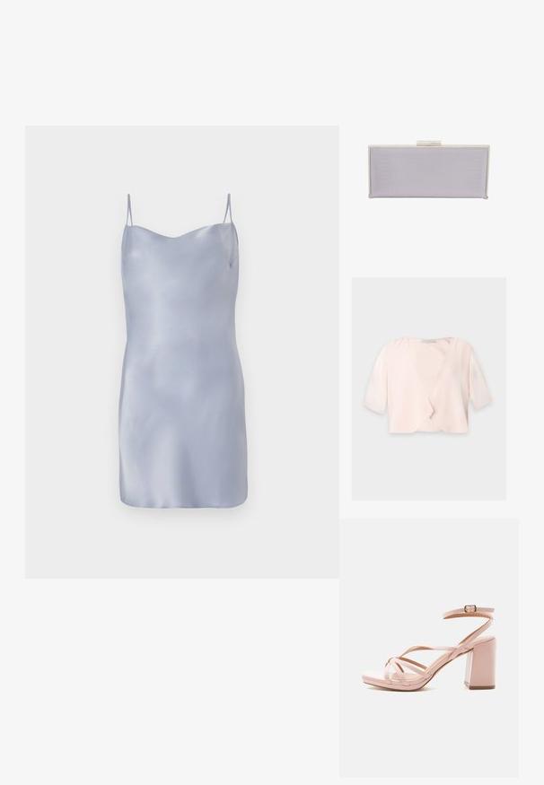 Lyserød cropped bluse med halvlange ærmer og et løst, åbent frontdesign på ensfarvet baggrund.; Satin glidende kjole i lyseblå med tynde justerbare stropper, en glat og sleek tekstur samt en enkel silhuet.; Lyserøde damesandaler med hæl, krydsede remme og ankelspænde på blokhæl mod hvid baggrund.; Rektangulær lavendel clutch lavet af tekstureret materiale med glatte kanter. Har en sølv spænde lukning på toppen.