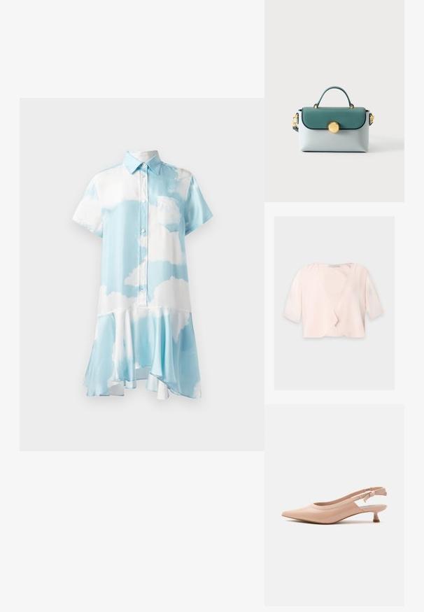 Hellrosa kurz geschnittene Bluse mit halblangen Ärmeln und lockerem, offenem Frontdesign auf einfarbigem Hintergrund.; Kurzärmliges, collariertes Kleid in Hellblau mit weißem Wolkenmuster, das über einen Knopfverschluss und einen ausgestellten Saum für eine fließende Silhouette verfügt.; Beiger Lackleder-Spitz-Slingback-Schuh mit niedrigem Kittenabsatz und elastischem Riemen mit subtiler Markenprägung.; Kleine rechteckige Handtasche mit türkisfarbenem Klappdeckel, hellgrauem Körper, goldener Schnalle und oberem Griff vor einfachem Hintergrund.
