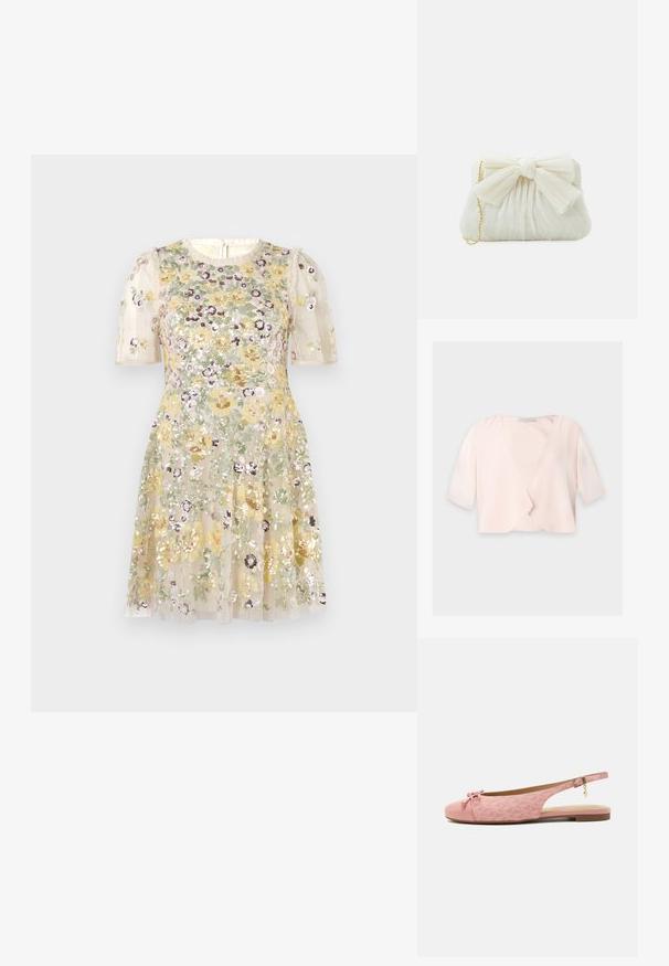 Hellrosa kurz geschnittene Bluse mit halblangen Ärmeln und lockerem, offenem Frontdesign auf einfarbigem Hintergrund.; Needle & Thread ELINA ROSE SHORT SLEEVE MINI DRESS - Ballkleid - cream; Pink flacher Slingback-Schuh aus strukturiertem Stoff, Schleife an der abgerundeten Spitze, Knöchelriemen mit goldener Schnalle und Charm, sowie flache braune Sohle.; Weißes, gefaltetes Clutch-Case mit einem auffälligen Schleifendetail und einem goldenen Kettenriemen. Weiche Textur mit einem gerafften Design auf der Vorderseite.