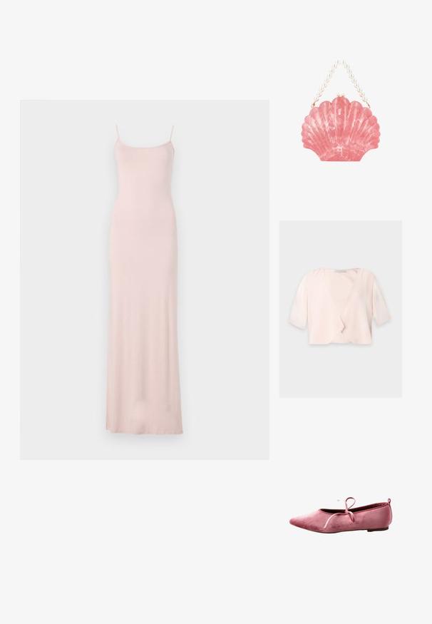 Lyserød cropped bluse med halvlange ærmer og et løst, åbent frontdesign på ensfarvet baggrund.; Rosa, ærmeløs maxikjole med en tætsiddende bodice og flydende skørt. Lavet af blødt, glat stof med et minimalistisk design og uden synlige mønstre.; Lyserød fløjl balletflat med spids tå, tynd sål og bundet sløjfe på toppen.; Lyserød gennemsigtig clutch formet som en muslingeskal med håndtag af perle og perlelås.
