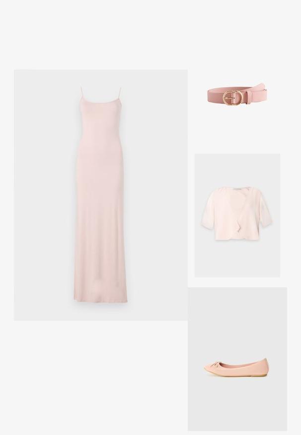 Lyserød cropped bluse med halvlange ærmer og et løst, åbent frontdesign på ensfarvet baggrund.; Rosa, ærmeløs maxikjole med en tætsiddende bodice og flydende skørt. Lavet af blødt, glat stof med et minimalistisk design og uden synlige mønstre.; Ballet flade sko i lys pink syntetisk materiale med en rund tå, der har en lille sløjfedetalje og en fleksibel sål.; Lyserødt læderbælte med en rundet guldfarvet metalspænde, rullet sammen på en hvid baggrund.