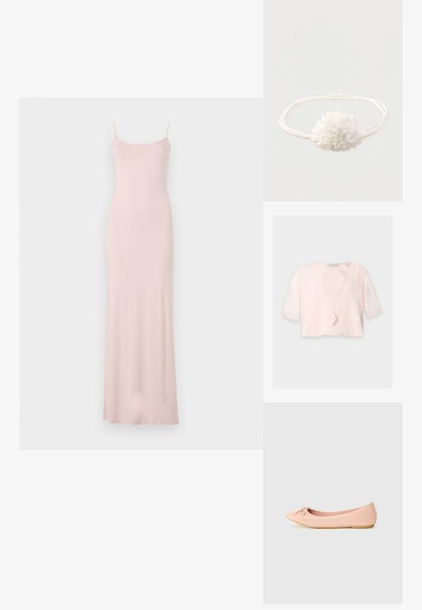Blusa corta de color rosa claro con mangas hasta el codo y un diseño delantero suelto y abierto sobre un fondo liso.; Vestido maxi sin mangas de color rosa con un corsé ajustado y una falda fluida. Hecho de una tela suave y lisa con un diseño minimalista y sin patrones visibles.; Zapato plano de ballet en material sintético rosa claro con puntera redondeada, que presenta un pequeño detalle de lazo y una suela flexible.; Cinta elástica blanca para la cabeza con una suave decoración de flor de tela centrada sobre un fondo claro liso.