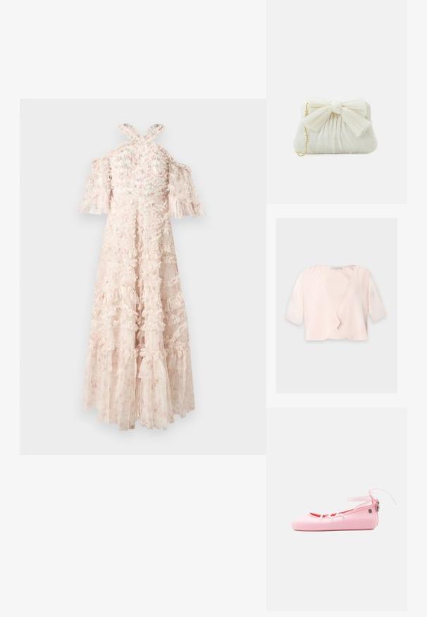 Lyserød cropped bluse med halvlange ærmer og et løst, åbent frontdesign på ensfarvet baggrund.; Lys pink kjole med bølgede lag, off-the-shoulder ærmer og krydsede stropper på ryggen. Gennemsigtigt stof med blomsterprint detaljer.; Blød lyserød balletballerina med hvide snørebånd, ankelrem med bindelukning og en sølv lynlåstrækker på en ensfarvet hvid baggrund.; Hvid plisseret clutch-taske med en fremtrædende sløjfedetalje og en guldkædetras. Blød tekstur med et samlet design på forsiden.