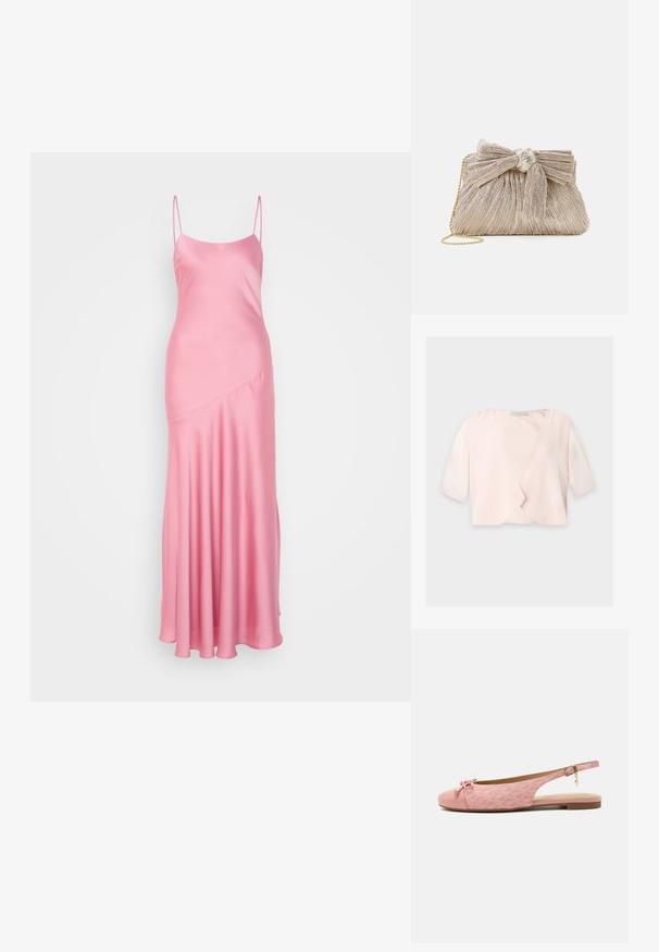 Blouse courte rose clair avec manches trois quarts et un design devant ouvert et ample sur un fond uni.; Robe maxi en satin rose avec de fines bretelles spaghetti, une légère brillance et un détail de couture en diagonale à l'avant, descendant vers un ourlet évasé.; Chaussure slingback plate rose avec tissu texturé, nœud sur l’orteil arrondi, bride de cheville avec boucle dorée et breloque, et semelle basse marron.; Pochette en or métallisé avec tissu plissé, dotée d'un nœud en haut et d'une bandoulière en chaîne dorée pour une polyvalence et une facilité de transport.