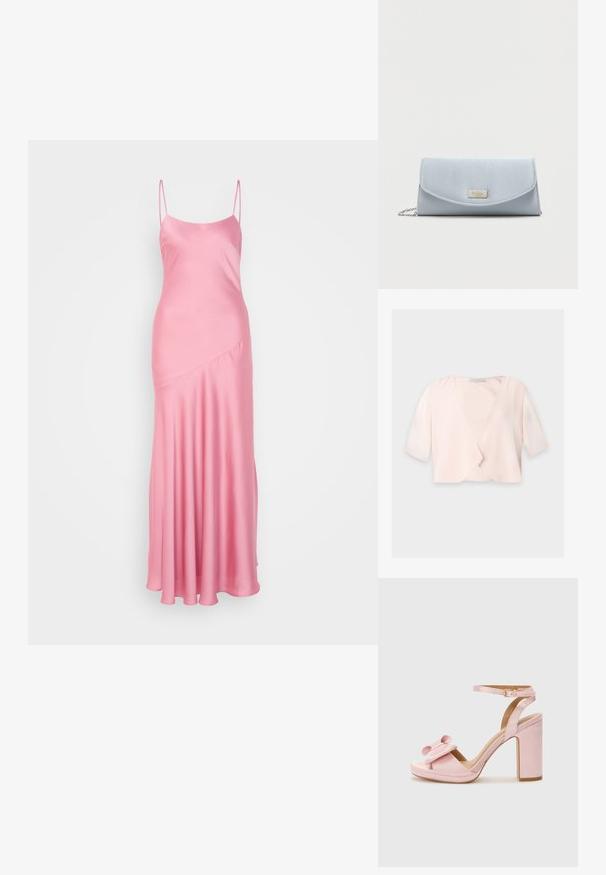 Blouse courte rose clair avec manches trois quarts et un design devant ouvert et ample sur un fond uni.; Robe maxi en satin rose avec de fines bretelles spaghetti, une légère brillance et un détail de couture en diagonale à l'avant, descendant vers un ourlet évasé.; Sandale à talon haut en satin rose avec un bout arrondi, une large sangle ornée d'un nœud et une sangle à la cheville avec une boucle dorée.; Pochette en tissu lisse de couleur bleu clair, dotée d'une plaque de logo en métal argenté et d'une bandoulière chaîne amovible.