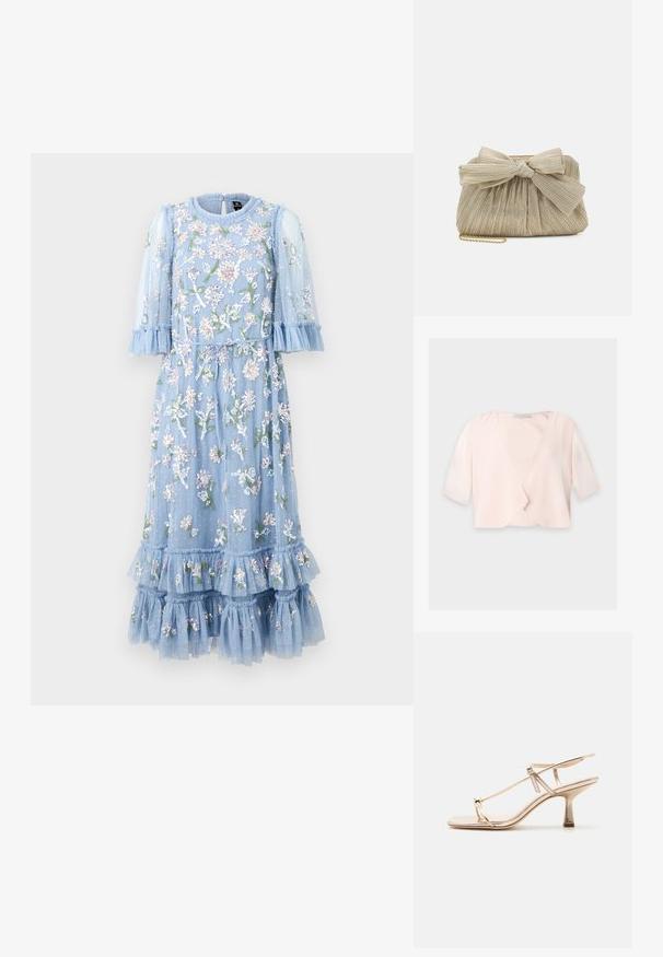 Hellrosa kurz geschnittene Bluse mit halblangen Ärmeln und lockerem, offenem Frontdesign auf einfarbigem Hintergrund.; Hellblaues, floral besticktes Kleid aus transparentem Stoff mit Rüschensleeven und Rüsche am Saum. Es hat eine Bindegürtel und geschichtete Fransenakzente.; Goldfarbene Sandale mit Riemchen, niedrigem Kitten-Heel, verstellbarem Knöchelriemen und Zehenring vor einfachem hellem Hintergrund.; Loeffler Randall PLEATED FRAME WITH BOW - Clutch - platinum