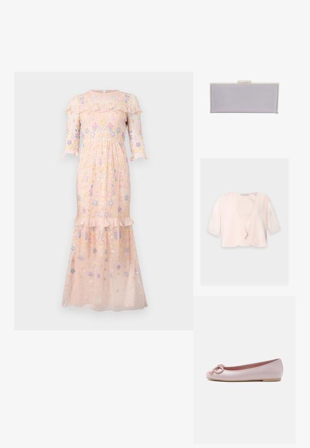 Blouse courte rose clair avec manches trois quarts et un design devant ouvert et ample sur un fond uni.; Robe rose brodée en tissu léger, ornée de motifs floraux, avec un col à volants et des manches trois quarts.; Ballerine en cuir verni rose clair avec bout arrondi, nœud en corde torsadée sur le devant et semelle basse beige sur fond blanc.; Pochette rectangulaire en lavande en matériau texturé avec des bords lisses. Dotée d'une fermeture à clapet en argent sur le dessus.