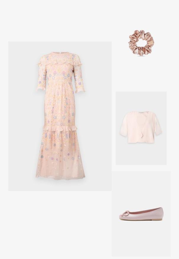 Blouse courte rose clair avec manches trois quarts et un design devant ouvert et ample sur un fond uni.; Robe rose brodée en tissu léger, ornée de motifs floraux, avec un col à volants et des manches trois quarts.; Ballerine en cuir verni rose clair avec bout arrondi, nœud en corde torsadée sur le devant et semelle basse beige sur fond blanc.; Chouchou en satin de couleur rose pâle douce, présentant une texture lisse avec un design froncé, offrant de l'élasticité et un accent d'étiquette décorative.