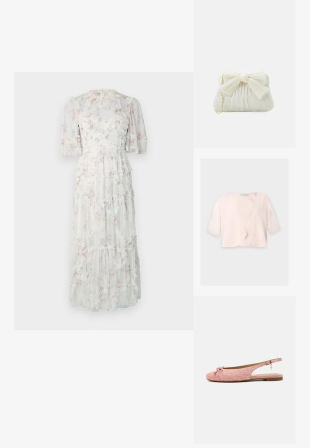 Blouse courte rose clair avec manches trois quarts et un design devant ouvert et ample sur un fond uni.; Robe maxi en tissu blanc transparent avec motif floral pastel, couches volantées et manches bouffantes. Présente une taille cintrée et une fermeture éclair au dos.; Chaussure slingback plate rose avec tissu texturé, nœud sur l’orteil arrondi, bride de cheville avec boucle dorée et breloque, et semelle basse marron.; Sac à main plissé blanc avec un nœud proéminent et une chaîne dorée. Texture douce avec un design froncé à l'avant.