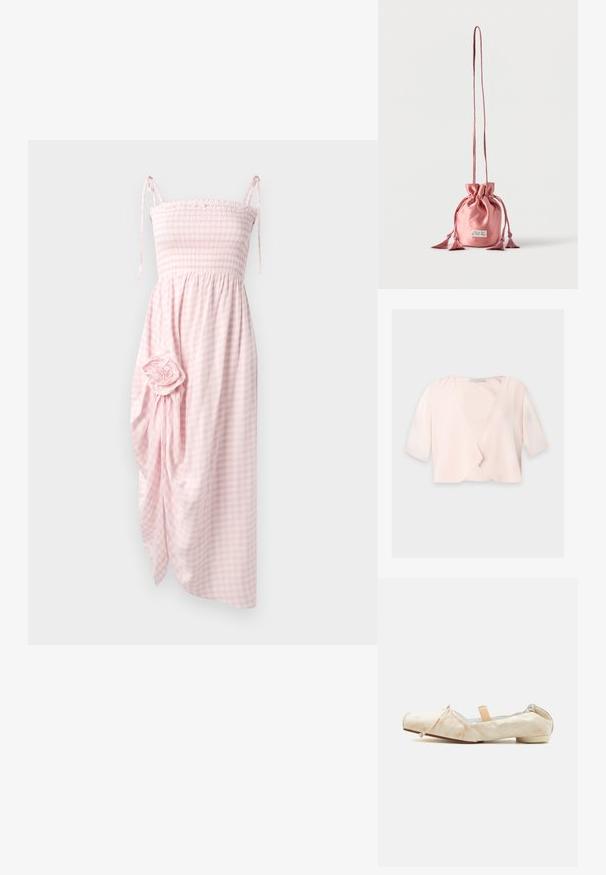 Lyserød cropped bluse med halvlange ærmer og et løst, åbent frontdesign på ensfarvet baggrund.; Smocket lyserød ternet kjole med bindebånd, knælængde, med draperet stof og en blomsterdetalje på siden. Struktureret vævning.; Beige blødt stof balletsko med lav hæl, elastisk bagpå, sløjfedetalje på tåen og en ferskenfarvet elastisk rem over vristen.; Lyserød satinpose med snor, lang rem og kvastdetaljer, stående oprejst på en ensfarvet hvid baggrund.